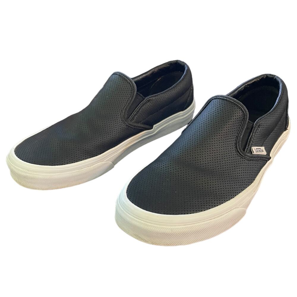 Vans Black Classic Leather Slip On Skateboard Sneakers 6.5